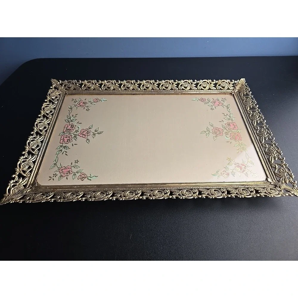 VTG Hollywood Regency Gold Tone Glass Rectangle Vanity Tray Filigree 14.5 x 9.5